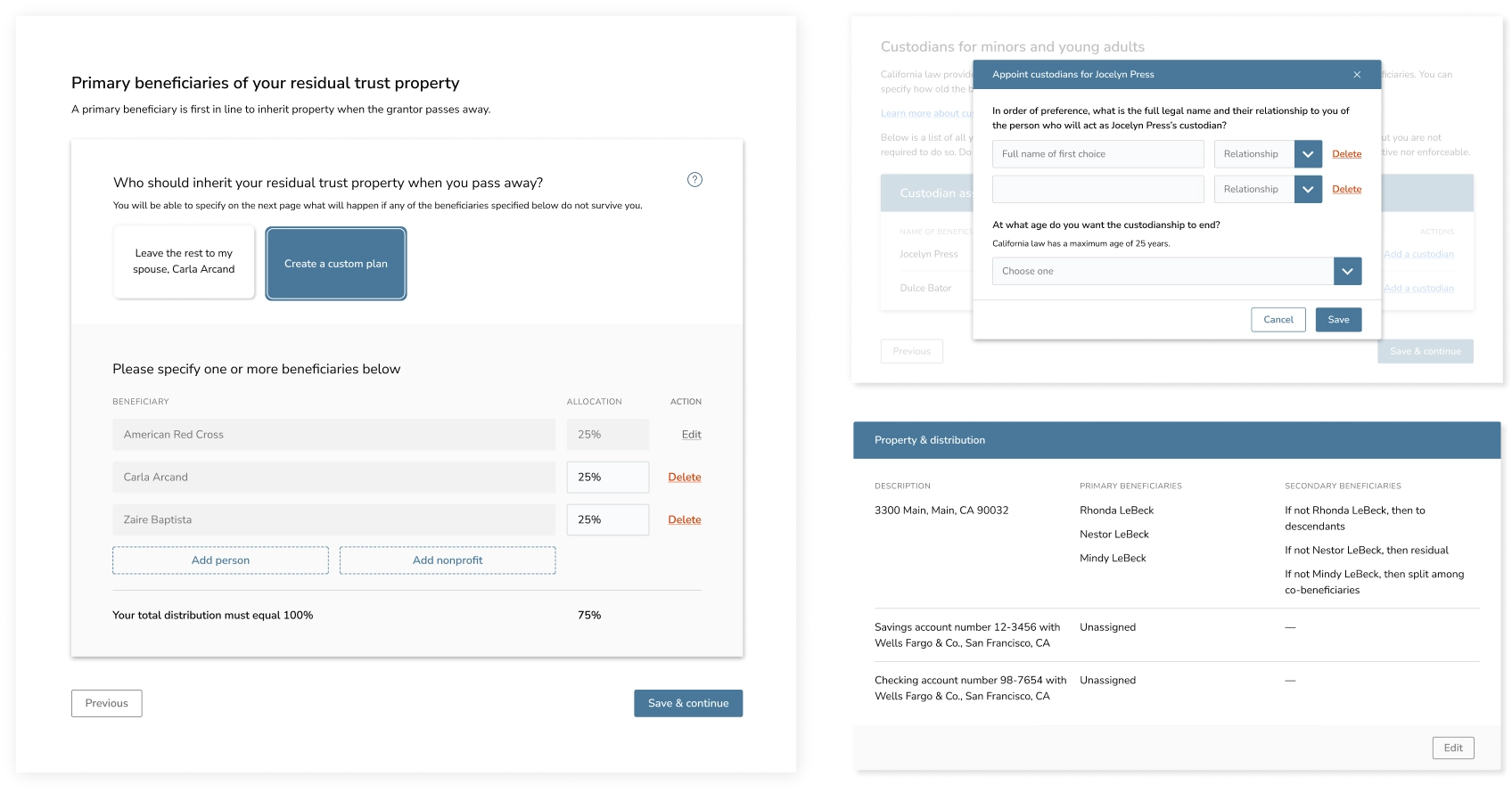 exemplary user interfaces used in estate planning flows